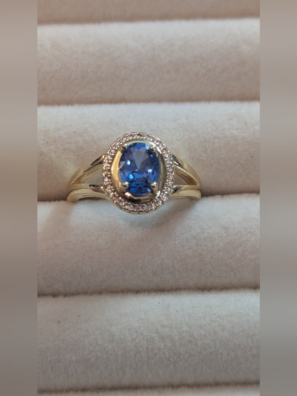 New Gold Plated Ring with Blue Oval Gemstone and Halo Accent Size 8-9 W080926-1